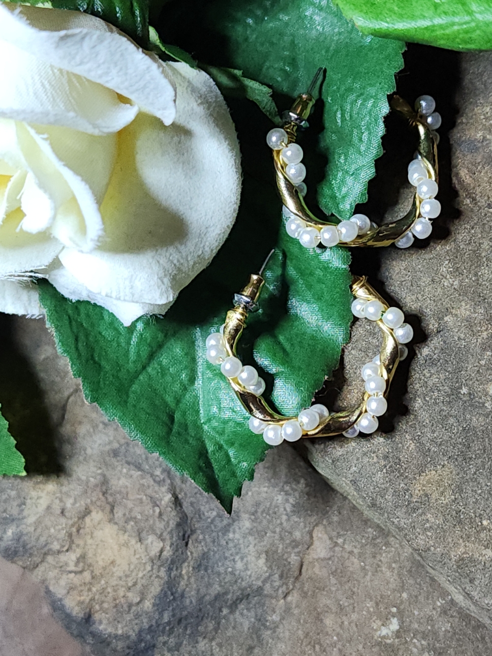 Gold Toned Hoop Earrings with Faux White Pearls - Women Jewelry